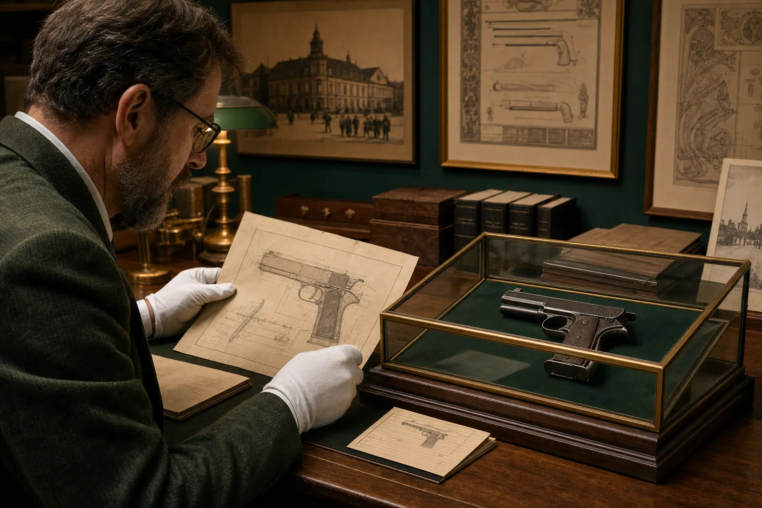 Kustosz analizuje archiwalny rysunek obok historycznego eksponatu w gablocie.